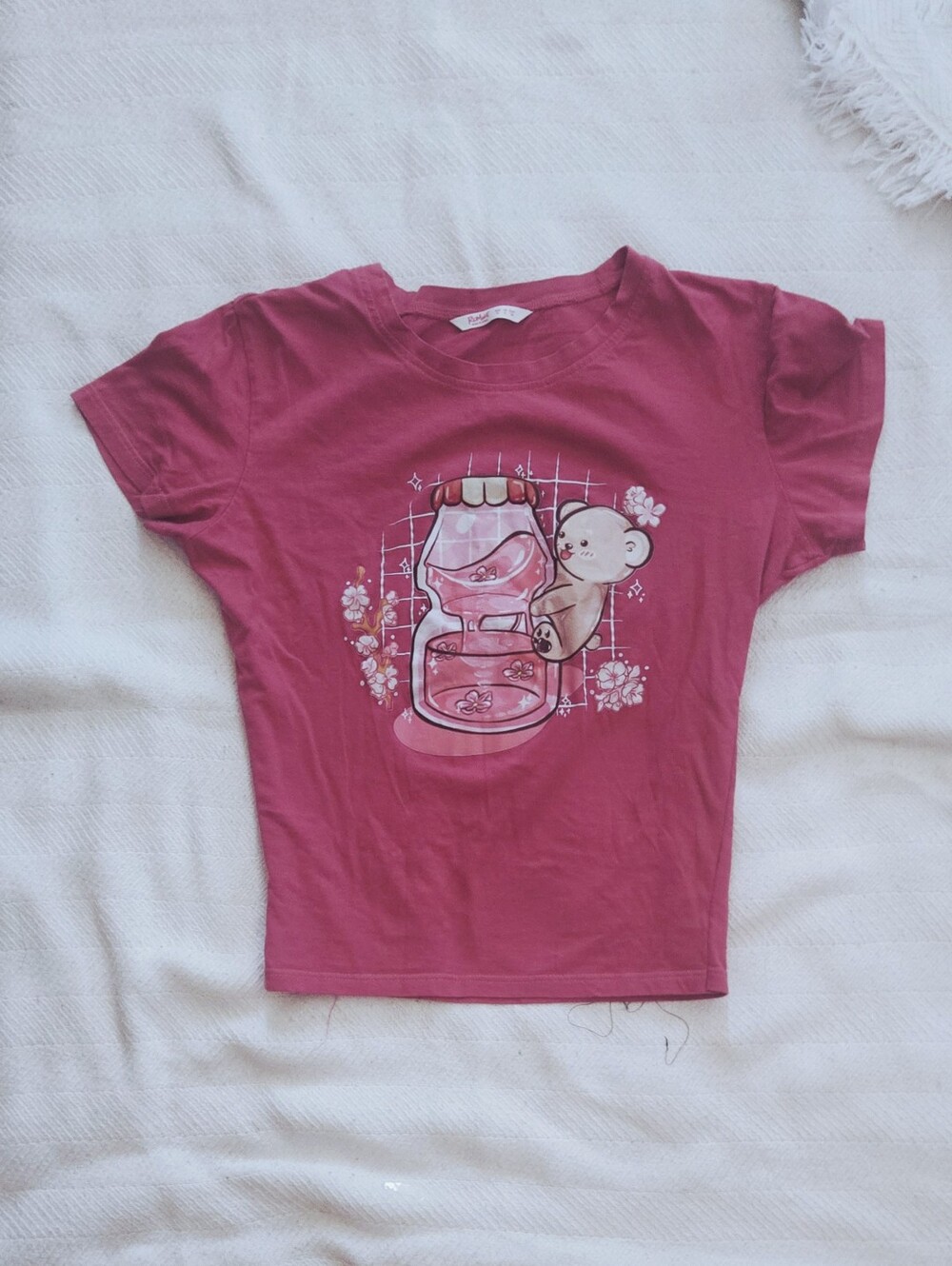 ROMWE Rose Pink Short Sleeve Tee with Bear & Jar Graphic